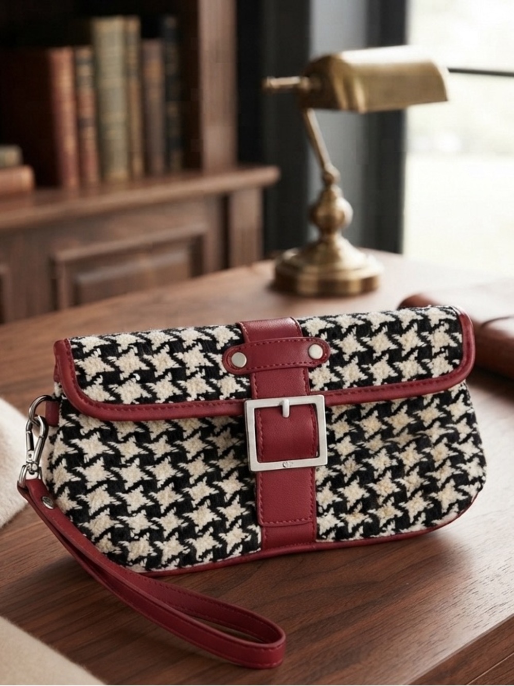 Sondra Roberts Houndstooth Wool Wristlet Clutch in Red and Black